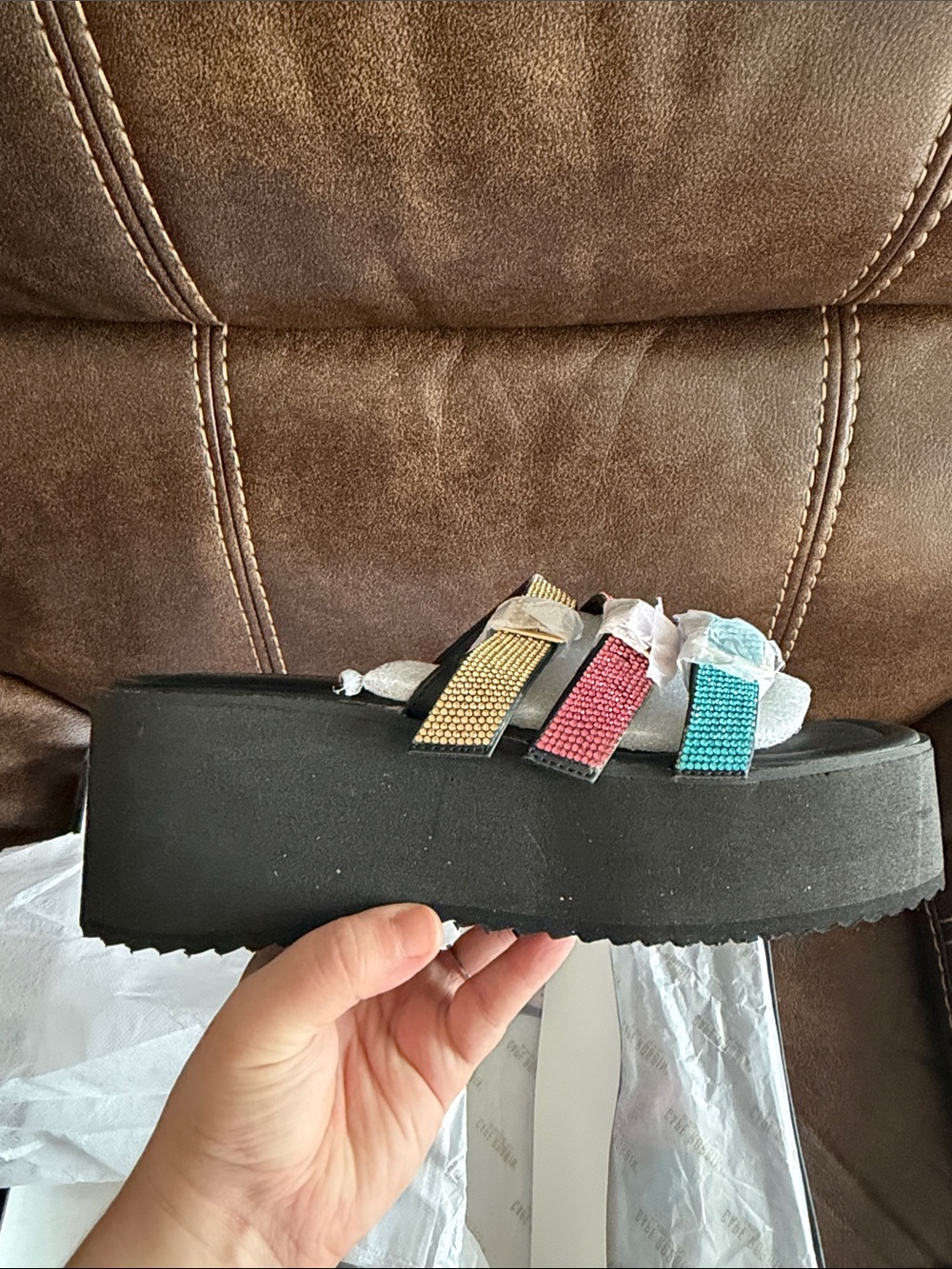 •CAPE ROBBIN• “Paye” Buckle Platform Rhinestone Slide Sandals-Multi // NIB - Picture 9 of 15